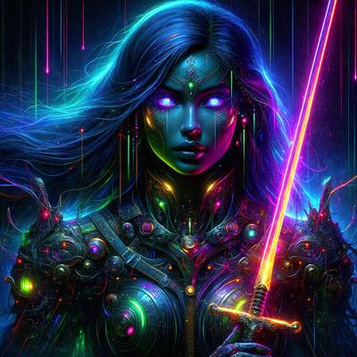 The primary subject of the image is a woman with blue hair, wearing a futuristic outfit and holding a sword. The setting is a futuristic environment, possibly a digital art or illustration. The visual style is a combination of futuristic elements and a vibrant color palette, creating a unique and captivating atmosphere.